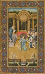 Jésus parmi les docteurs du Temple, vers 1760 (aquarelle opaque avec or sur papier, bordures florales en couleurs sur fond d