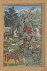 Bahram Gur voit un troupeau de cerfs hypnotisés par la musique de Dilaram, Folio de..., 1597-98