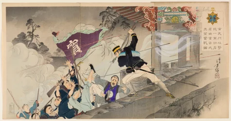 Le premier héros Harada Jūkichi combattant férocement lors de l