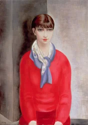 Kiki de Montparnasse en pull rouge et écharpe bleue