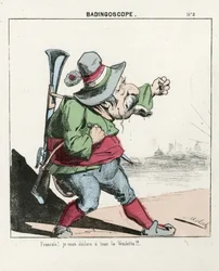 Feuille volante, numéro 5, satirique en couleurs, vers 1870 : Badingoscope - Commune de Paris/Guerre/Siège, Chasse, Président de la République - Napoléon III - Illustration par Moloch (1849-1909)