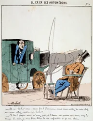 HE. EX. EX. Motoredons : Caricature du transport en ville. Un cocher payant à l