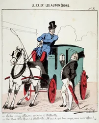 HE. EX. EX. Motoredons : Caricature du transport en ville. Un cocher refuse de conduire un bourgeois à Belleville (Quartier de Paris). Dessin de Moloch (1849-1909), vers 1860