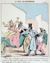 HE. EX. EX. Motoredons : Caricature du transport en ville. Un cocher prend un ami ivre dans la voiture à côté de deux bourgeoises horrifiées. Dessin de Moloch (1849-1909), vers 1860