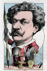 Portrait de Louis Alexandre Gosset de Guines dit André Gill (1840-1885) poète peintre français dans « Le Trombinoscope » par Touchatout, caricature de B. Moloch de 1882 (1849-1909). Collection privée.