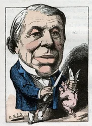 Portrait de Philippe Ricord (1800-1889), chirurgien français dans « Le Trombinoscope » par Touchatout, caricature de B. Moloch de 1882 (1849-1909). Collection privée