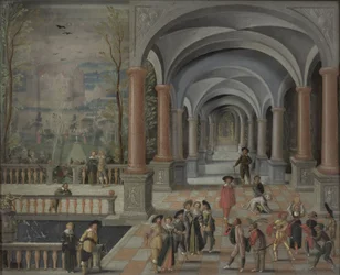 Rassemblement festif et figures de la Commedia dell