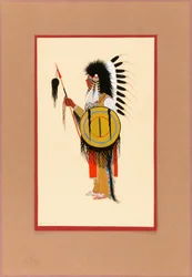 Guerrier Cheyenne en coiffe de plumes avec bouclier, vers 1915-1937