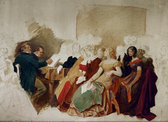 Une soirée chez le baron Spaun, Schubert au piano, le ténor Johann Michael Vogl à ses côtés ... (aquarelle)