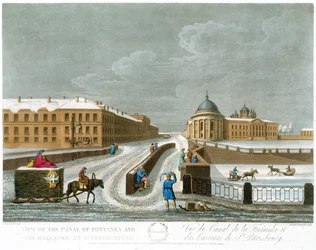 Vue du canal de Fontanka et des casernes, illustration pour novembre de Une année à Saint-Pétersbourg gravée par John H. Clark, colorée par M. Dubourg. pub. 1815 à Londres par Edward Orme