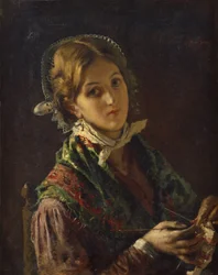 Une femme qui tricote (huile sur toile)