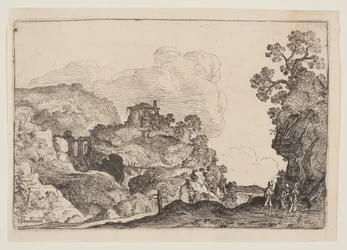 Paysage rocheux avec trois voyageurs