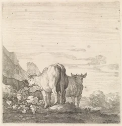 Vaches et chèvres dans un paysage avec maisons (Animaux à quatre pattes, série)