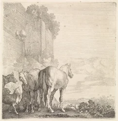 Deux chevaux avec des chèvres et une vache près d