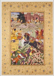 Scène de combat : Les Pandavas menés par Krishna
contre les Kauravas menés par Bhishma, fin du 16e siècle
siècle (Peinture)