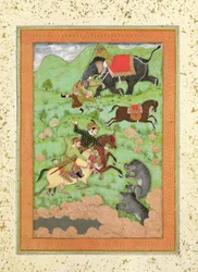 Princes Rajput chassant des ours; un mahout et son éléphant sauvent un cavalier tombé d