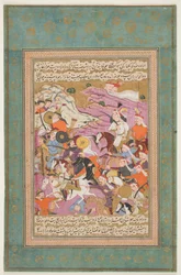 « Shah Ismaïl défait Amir Husayn et Murad Beg », de Tarikh-i Jahan-gusha-yi Khaqan-i Sahib Quiran de Bijan (Une histoire de Shah Ismaïl I). Iran, Ispahan, vers 1688