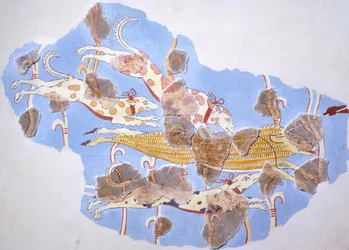 Scène de chasse, fresque du palais de Tirynthe, Grèce, civilisation mycénienne