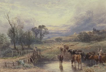 Paysage avec du bétail et un pont