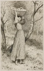 Jeune fille dans un verger avec un panier de fruits
