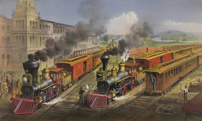 Scène de chemin de fer américain : trains express éclair quittant la jonction, 1874