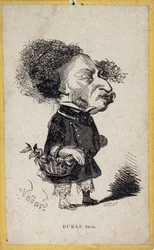 Portrait-charge par Alexandre Dumas Jr. (1824-1895), écrivain français. Caricature par Gaspard Félix Tournachon dit Félix Nadar (1820-1910)