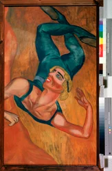 Saut - Un acrobate effectue un saut, le visage souriant, le corps souple déformé par la pose en suspension dans les airs - Peinture de Nadezhda Vladimirovna Lermontova (1885-1921)