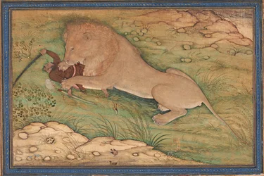 Les périls de la chasse, un lion bondit sur un chasseur, vers 1615