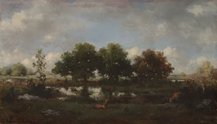 Paysage forestier avec cerfs