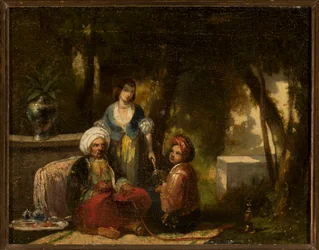 Homme au narguilé devant un paysage forestier