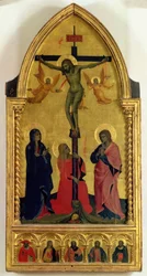 La Crucifixion avec des pleureurs et Sainte Marie-Madeleine, le panneau de prédelle représentant SS. Jérôme, Paul, Jacques, Pierre et un saint inconnu