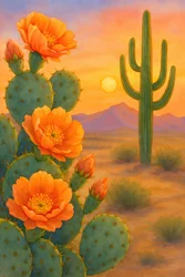 Coucher de soleil dans le désert et floraison de cactus