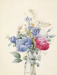 Une rose, anémone, réséda et marguerites