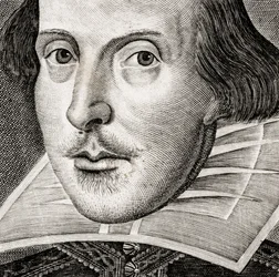 Détail du portrait de William Shakespeare sur la page de titre des Comédies, histoires, & t...