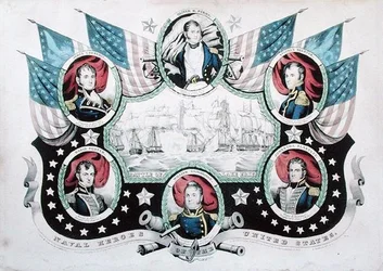 Bataille du lac Érié avec portraits de héros navals américains