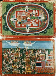 Krishna attaquant le château imprenable de Prag-jyoshita pour récupérer les boucles d