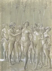 Cinq soldats nus tenant des perches, dont deux portent un casque, et trois femmes nues, 1522