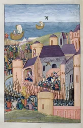 Ms 324 f.324 v. Minos assiège Mégare. Scylla coupe traîtreusement les cheveux de son père et prend la fuite, des Métamorphoses 8 d