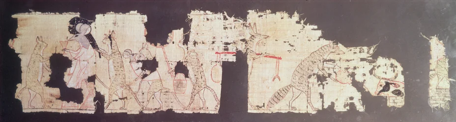 Papyrus satirique représentant une souris servie par des chats (papyrus)