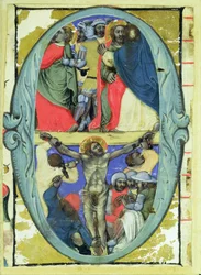 Initiale historiée « O » représentant le Baiser de Judas et la Crucifixion, vers 1370