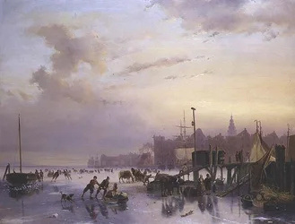 Paysage de rivière en hiver avec de nombreux patineurs