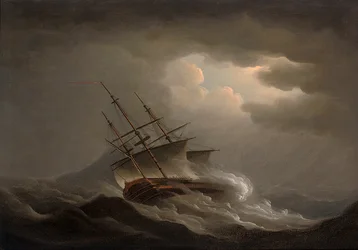 Une frégate inclinée dans une tempête au large