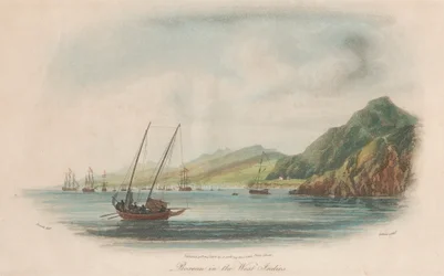 Ensemble de dix : 1. Attaque de Sir John Moore au large de Basse-Terre, Guadeloupe. 2. Rouseau aux Indes occidentales. 3. Guanahani ou Cat Island. ...