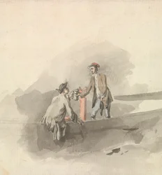 Deux hommes dans une barque trinquant avec des chopes (?)