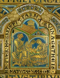 La naissance de Samson, Manoah avec un chapeau de juif médiéval ... (émail sur cuivre doré)