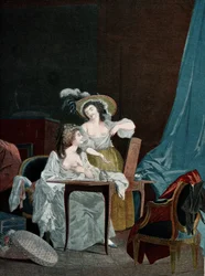 Deux jeunes femmes comparant leur poitrine (impression)