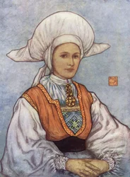 Norvège : Bonnet blanc porté dans le district de Bergen (lithographie en couleur)