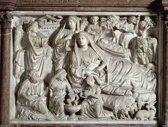 Annonciation et nativité Chaise réalisée par Nicola Pisano (1215/20-1278/84) 1260 Baptistere Saint Jean de Pise (Battistero san Giovanni di Pisa), Italie