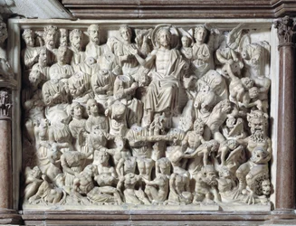 Le Jugement dernier (Jugement dernier) Chaire réalisée par Nicola Pisano (1215/20-1278/84) (Chaire en marbre) 1260 Baptistère Saint-Jean de Pise (Battistero san Giovanni di Pisa), Italie