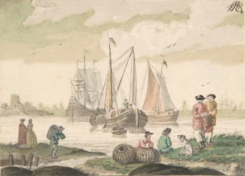 Paysage marin avec sept personnages et un chien